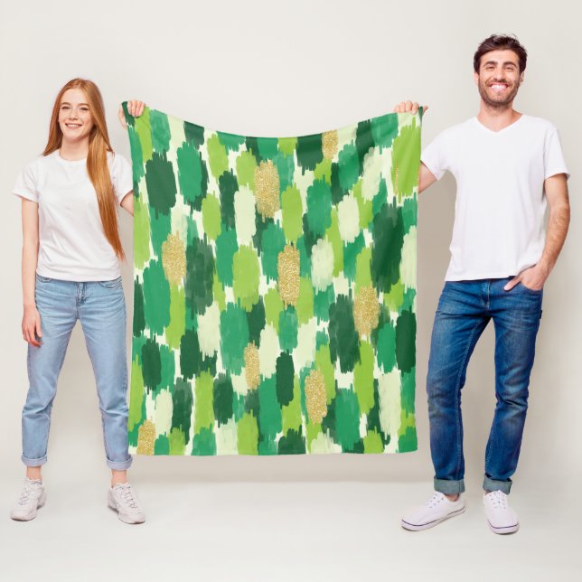Cobertor De Velo Padrão Dourado Abstrato de Brushstrokes Verde (In Situ)