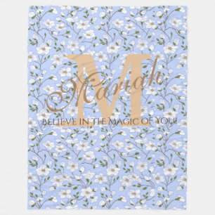 Cobertor De Velo Padrão Floral Azul Bebê Macio Branco Nome Monogram