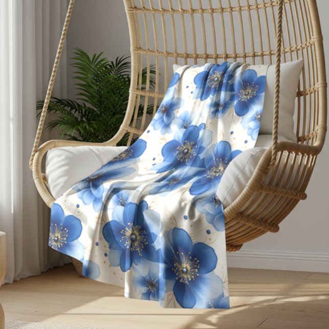 Cobertor De Velo Padrão Floral Azul com Acentos Dourados (Criador carregado)