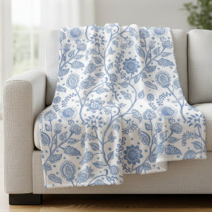 Cobertor De Velo Padrão Floral Azul e Branco Botânico Boho Chic