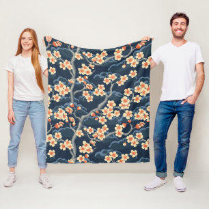 Cobertor De Velo Padrão Floral Azul Marinho Coral Creme Sakura