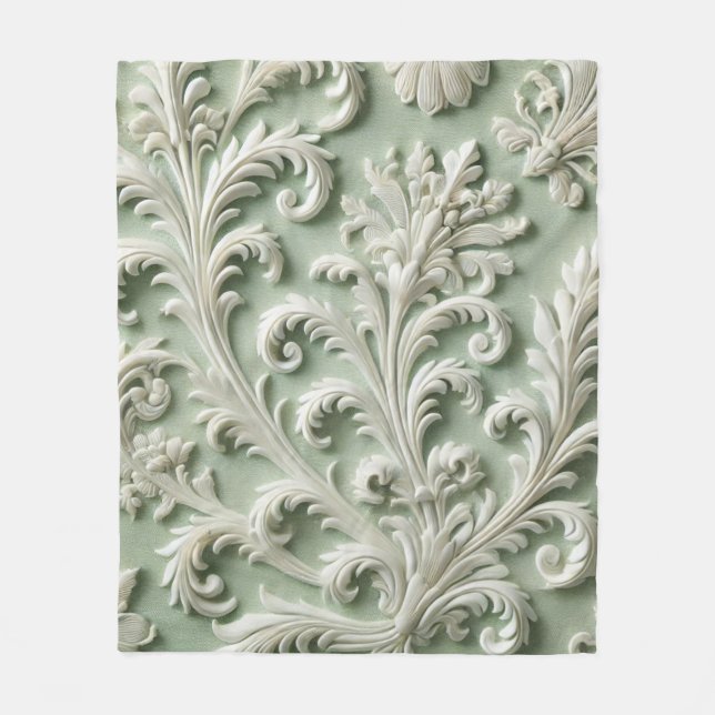Cobertor De Velo Padrão Floral de Damasco Branco Padrão Verde Suave (Frente)