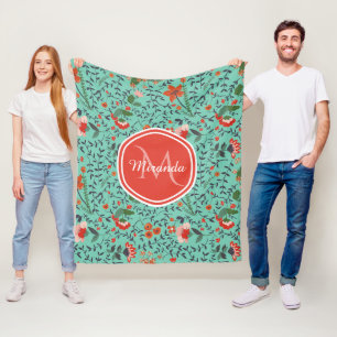 Cobertor De Velo Padrão Floral em Azul Turquesa e Laranja e Monogra