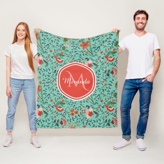 Cobertor De Velo Padrão Floral em Azul Turquesa e Laranja e Monogra (In Situ)