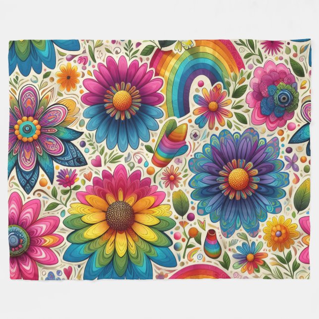 Cobertor De Velo Padrão Floral Hippie Arco-Íris Retrô (Frente (Horizontal))