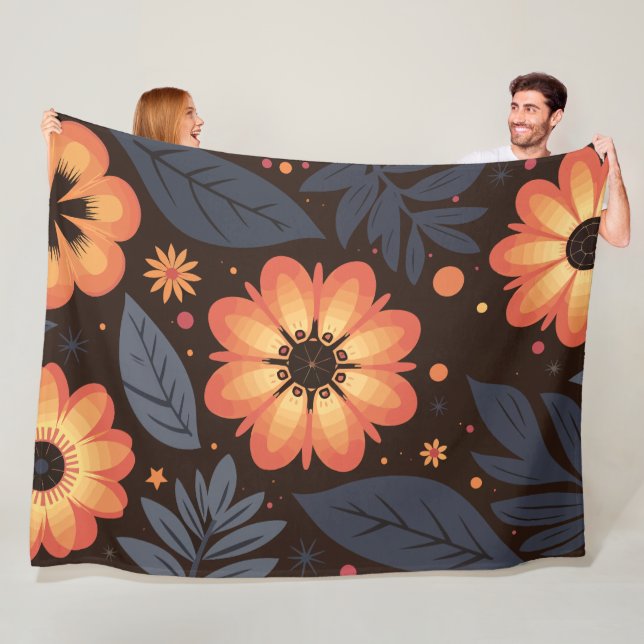 Cobertor De Velo Padrão Floral Laranja Vibrante em Fundo Escuro (In Situ)