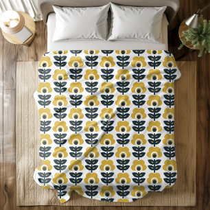 Cobertor De Velo Padrão Floral Retro Azul Marinho e Amarelo Mostard