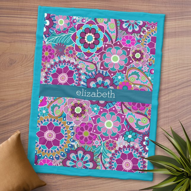 Cobertor De Velo Padrão Floral Rosa e Teal com Nome de Bebê Persona (Personalized Fleece Blanket - Add Photos and Text)