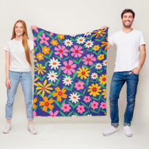 Padrão floral rosa laranja retrô boho em azul nava