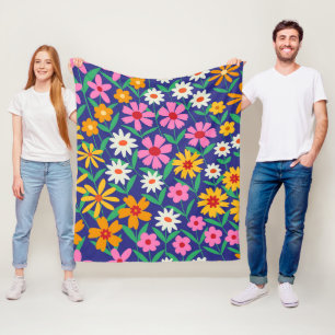 Cobertor De Velo Padrão floral rosa laranja retrô boho em azul nava