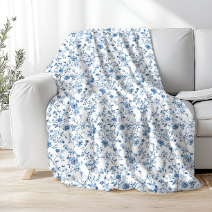 Cobertor De Velo Padrão Floral Toile Elegante Azul e Branco