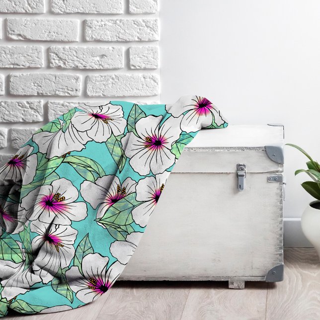 Cobertor De Velo Padrão Floral Tropical de Hibiscus Rosa e Branco (Tropical Hibiscus Floral Pattern Fleece Blanket)