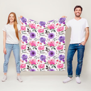 Cobertor De Velo Padrão Floral Vibrante em Aquarela em Rosa e Roxo