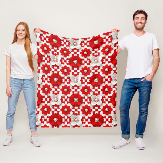 Cobertor De Velo Padrão Floral Vibrante Vermelho e Branco com Pérol (In Situ)