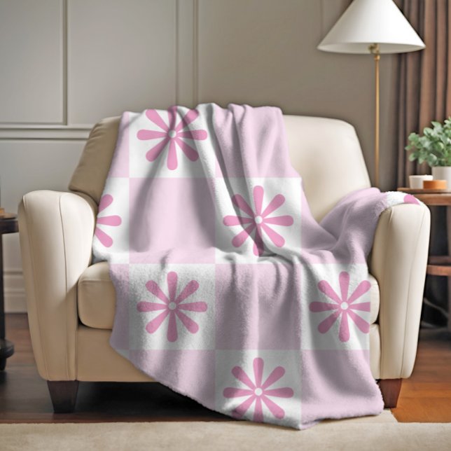 Cobertor De Velo Padrão Floral Xadrez Rosa Retro (Criador carregado)