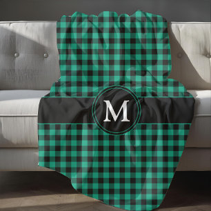 Cobertor De Velo Padrão Gingham Verificado em Verde e Preto Monogr
