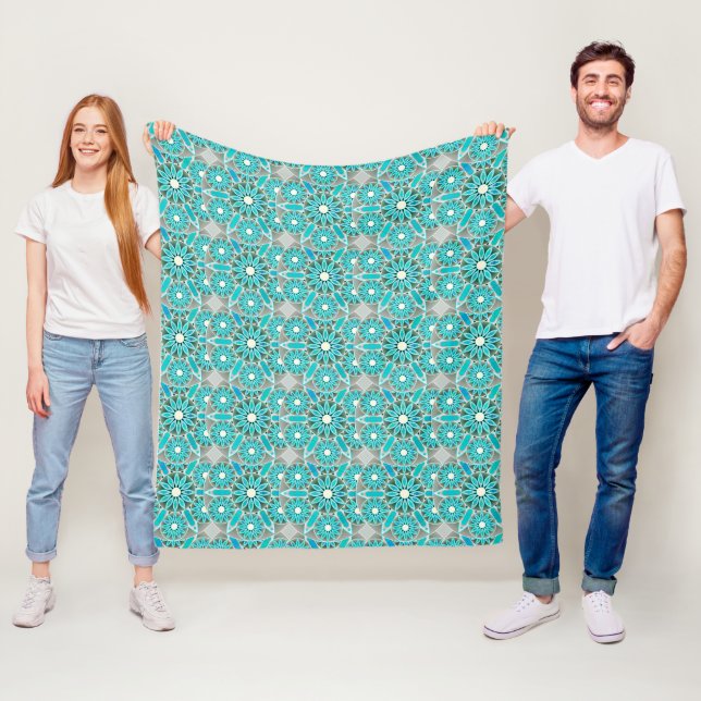 Cobertor De Velo Padrão Mandala, Turquesa, Cinzas Prateadas e Branc (In Situ)