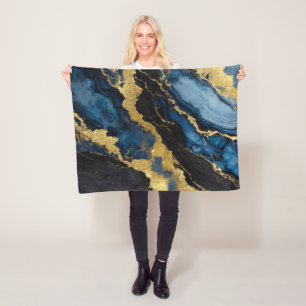 Cobertor De Velo Padrão Marble Azul com Dourado