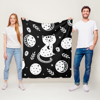 Cobertor De Velo Padrão Místico de Gato Celestial em Preto e Branco