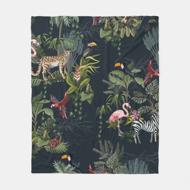 Cobertor De Velo Padrão sem costura com animais da selva, flores e  (Frente)