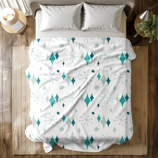 Cobertor De Velo Padrão Starburst Mid Century Modern Azul Turquesa  (Starburst Mid Century Modern Pattern Teal Aqua Fleece Blanket)