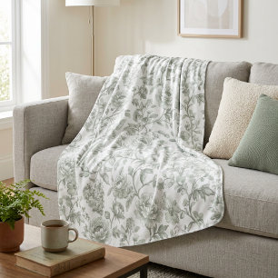 Cobertor De Velo Padrão Toile Floral Verde Salvia Vintage 