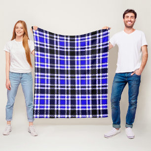 Cobertor De Velo Padrão Xadrez Tecido Flanela Azul Preto Branco Des