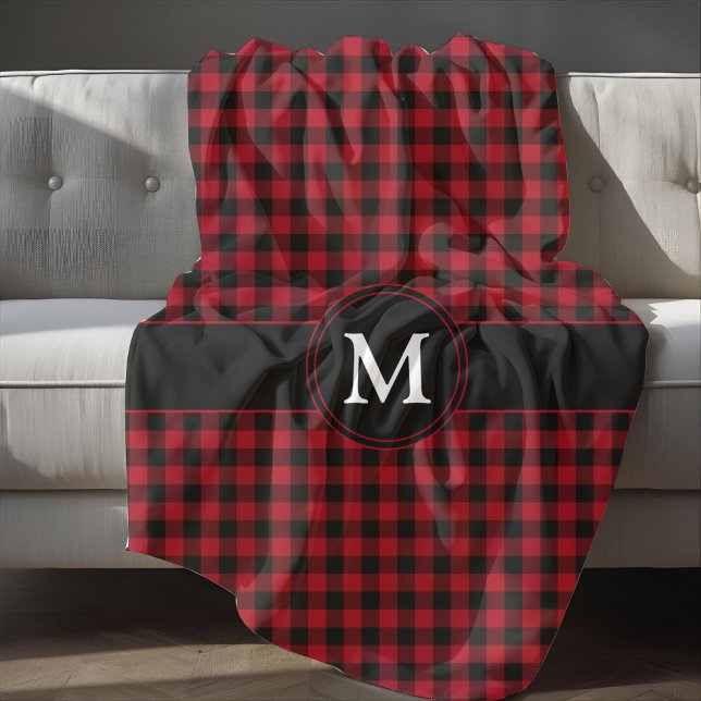 Cobertor De Velo Padrão Xadrez Vermelho e Preto com Monograma Rústi (Rustic Monogram Red And Black Plaid Pattern Fleece Blanket)