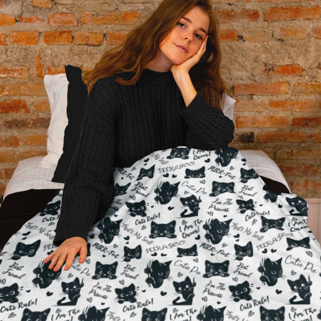 Cobertor De Velo Padrões de Gatos Pretos e Ditos (Cute Black Cats and Sayings | Hearts Pattern Wrapping Paper for Cat Lovers |Halloween Fleece Blanket)