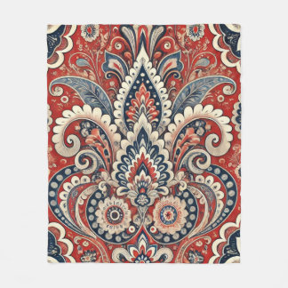 Cobertor De Velo Paisley Floral Fusion em Vermelho, Branco e Azul