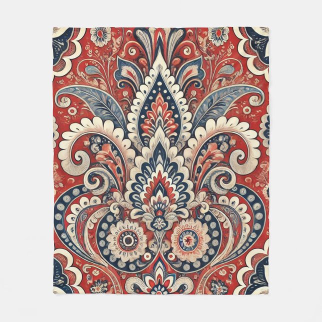 Cobertor De Velo Paisley Floral Fusion em Vermelho, Branco e Azul (Frente)