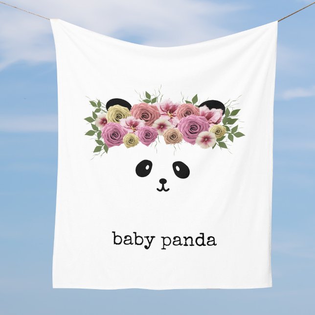 Cobertor De Velo Panda Bear Face White Fleece Personalizado (A cute panda bear with flowers in her hair. Just add your name to this lovely fleece blanket)