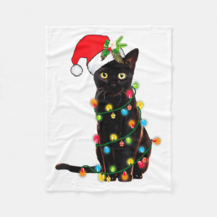 Cobertor De Velo Papai Noel Gato Preto Enroscado Em Luzes De Natal 