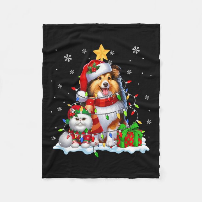 Cobertor De Velo Papais noeis Sheltie com Elf Cat Luzes de Natal Pr (Frente)