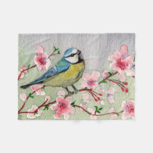 Cobertor De Velo Pássaro Azul Na Árvore De Flor De Cereja Aquarela