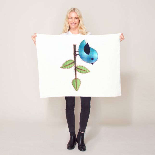 Cobertor De Velo Pássaro Bebê Gingham Azul com Folhas de Bordados (In Situ)