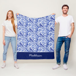 Cobertor De Velo Pássaro Monograma Floral Chinoiserie Azul