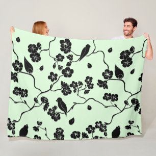 Cobertor De Velo Pássaros com flores de cereja pretas em verde-mint