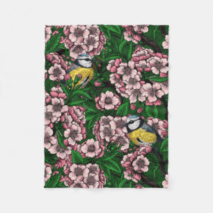 Cobertor De Velo Pássaros de pele azul na cerejeira florescente na