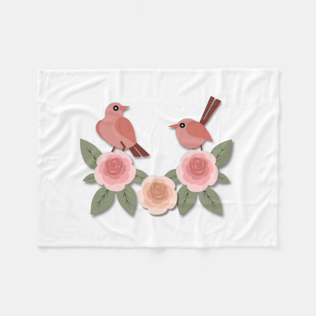 Cobertor De Velo Pássaros e Rosas de flores, cor-de-rosa, (Frente (Horizontal))