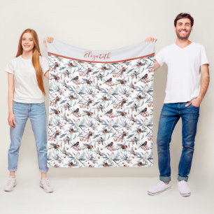 Cobertor De Velo Pássaros Monograma Branco Cinza Prata Galho Vermel