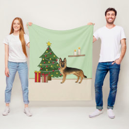 Cobertor De Velo Pastor Alemão Preto e Marrom e uma Árvore de Natal