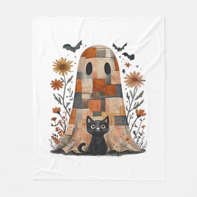 Cobertor De Velo Patchwork Halloween Ghost and Cat, Retro Spooky F (Frente)