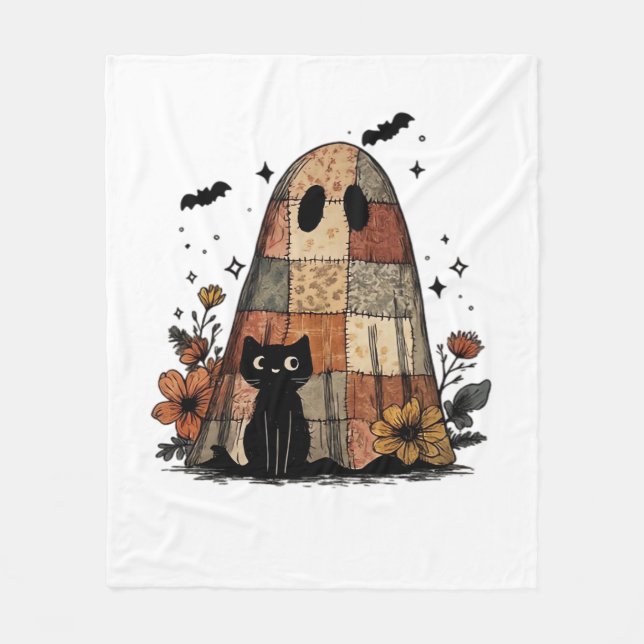 Cobertor De Velo Patchwork Halloween Ghost black cat Essential T-Sh (Frente)