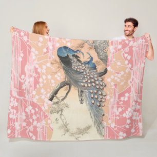 Cobertor De Velo PEACOCKS, PINK BRANCO SAKURA FLORES Japoneses Fora