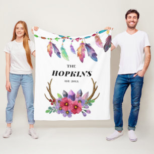 Cobertor De Velo Penas e flores coloridas da família personalizada