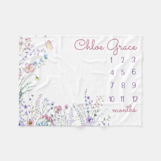 Cobertor De Velo PERSONALIZADA WILDFLOWER Baby Girl Milestone Blank (Frente (Horizontal))