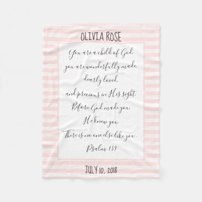 Cobertor De Velo Personalizado, Faixa Rosa/Branca, Verso de Salmo (Frente)