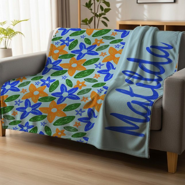Cobertor De Velo Personalizado Retro Azul e Laranja Floral  (Criador carregado)