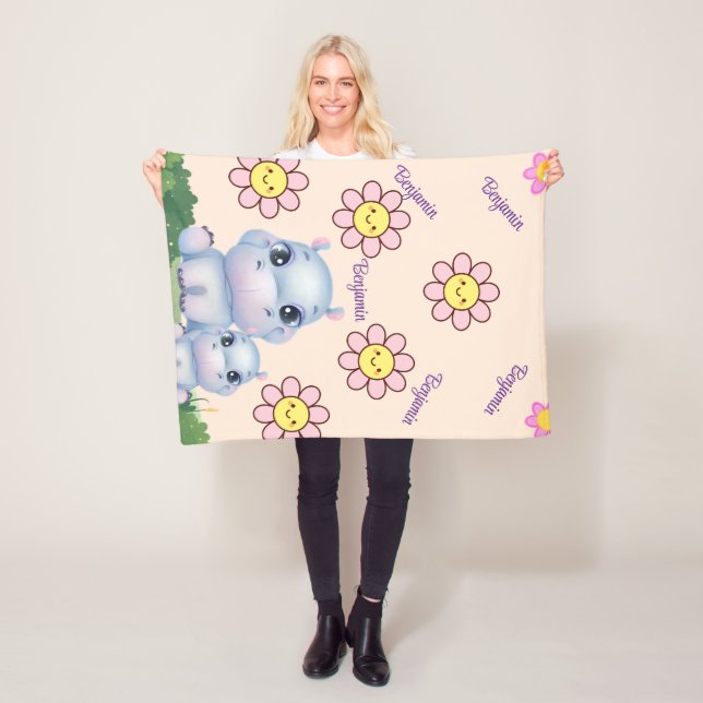 Cobertor De Velo Personalize o Hippo Baby Blanket Design com Flor (In Situ)